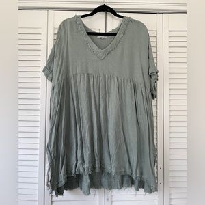 Teal linen feel top with fringe edges